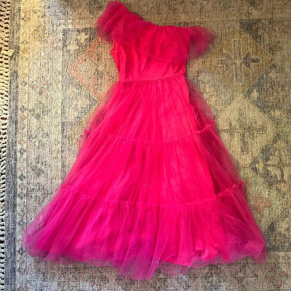 Hot Pink Glitter Tulle One-Shoulder Gown-Size S